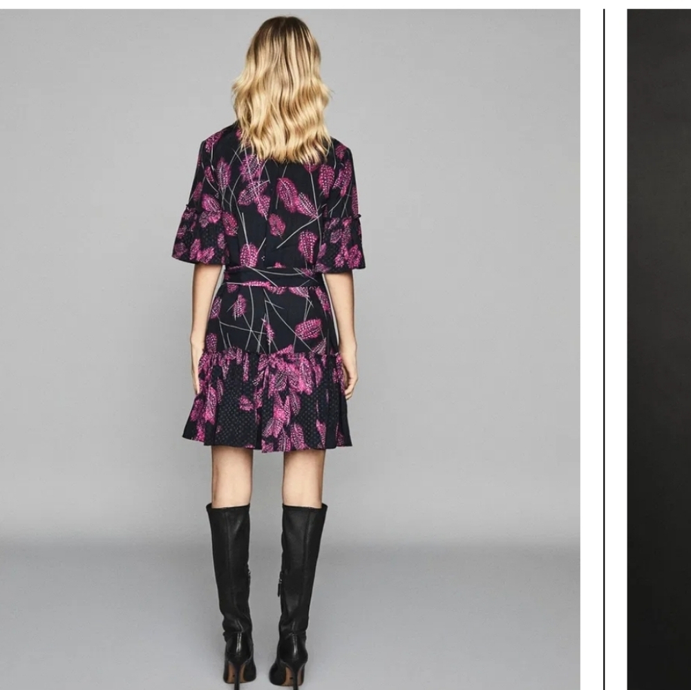 Reiss Black Dress with Pink Leaf Print Midi - Picture 5 of 16